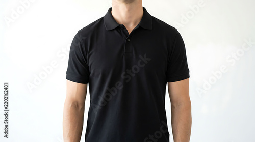 Close-up of a man wearing a plain black polo shirt against a clean white background for apparel mockup.