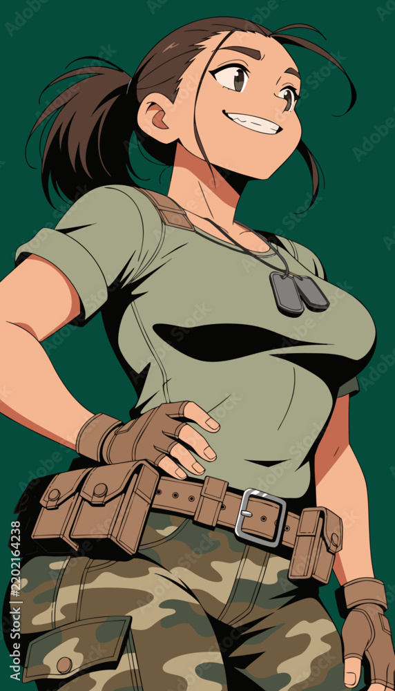Obraz premium Confident Anime Style Female Soldier Character Illustration For Military Concept Design
