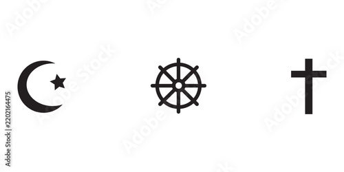Foto Religious symbols including crescent moon star wheel and christian cross isolate