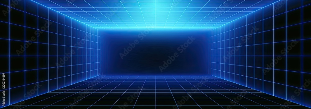 Fototapeta premium Glowing blue grid forms a digital tunnel receding into darkness