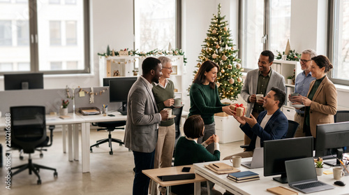 A cheerful group of diverse business colleagues celebrating Christmas together and exchanging gifts in a modern open-plan office