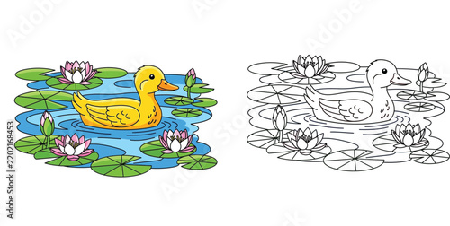 фотографія Cute Little Duck Swimming in Pond with Water Lilies Vector Illustration and Kids