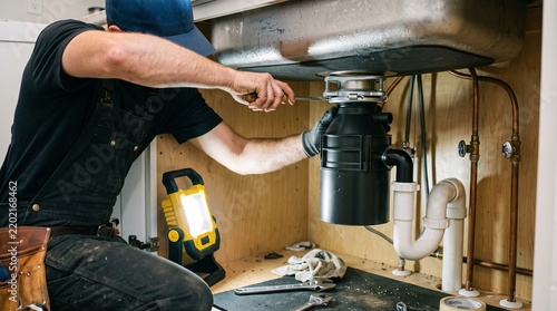 Professional plumber fixing a garbage disposal under the kitchen sink
