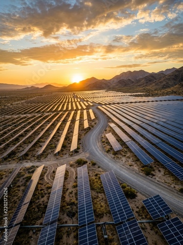 A drone captures a sprawling solar farm stretching across a desert landscape. Rows of solar panels radiate outwards, reflecting the golden light of the setting sun.