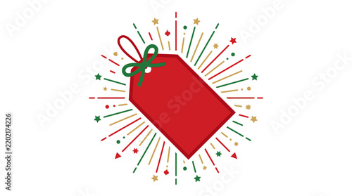 Blank Christmas Price Tag with Festive Starburst and Ribbon Vector Illustration