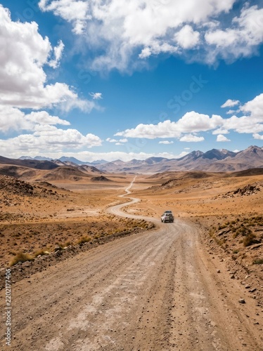 A rugged vehicle drives along a winding dirt road through a vast, arid desert landscape. The road snakes through a mountainous terrain under a bright blue sky filled with puffy white clouds.