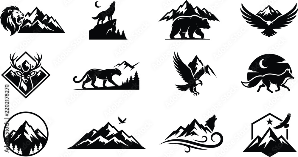 Fototapeta premium Mountain Wildlife Silhouette Collection with Bear, Deer, Wolf, Eagle, Mountain Goat, Boar, Peaks, Forest, and Outdoor Adventure Symbols