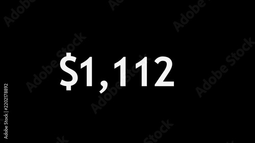 Abstract beautiful dollar number countdown animation from 0 to 2000 on black background. Business dollar countdown timer 4k animation.