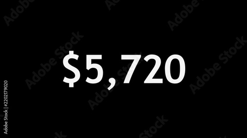 Abstract beautiful dollar number countdown animation from 0 to 8000 on black background. Business dollar countdown timer 4k animation.