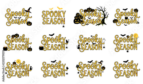 Spooky season Halloween quotes lettering set vintage horror calligraphy typography phrases with bats ghosts pumpkins spider web graphic elements vector collection isolated on white background