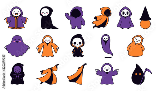 Cute spooky Halloween characters set cartoon grim reaper phantom ghost skeleton in hoodie costume funny horror monsters mascot sticker pack icons vector illustration isolated on white background