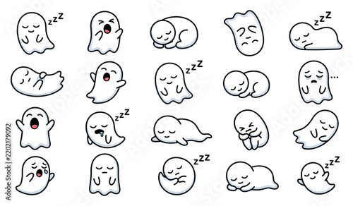 Cute little ghost line art icons set funny cartoon spooky halloween character emotions expressive face doodles sticker pack childish phantom mascot vector collection isolated on white background