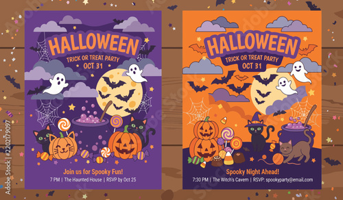 Halloween vertical banners set trick or treat party flyer invitation template spooky haunted ghost full moon graveyard pumpkin jack o lantern black cat holiday greeting card vector illustration