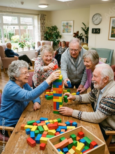 Several elderly people are joyfully building a tower of colorful wooden blocks on a wooden table.