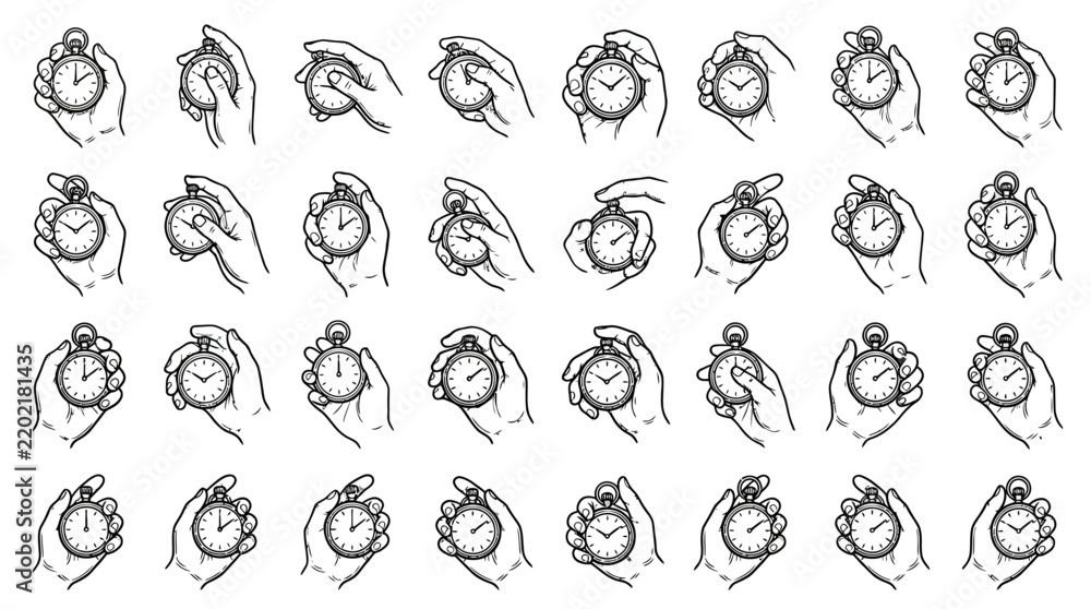 Fototapeta premium Large collection of black and white line art icons and symbols arranged in a grid layout.