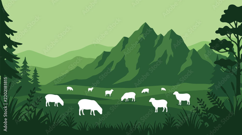 Obraz premium A serene landscape illustration featuring a flock of sheep grazing peacefully in a lush green meadow with rolling hills and majestic mountains in the background.