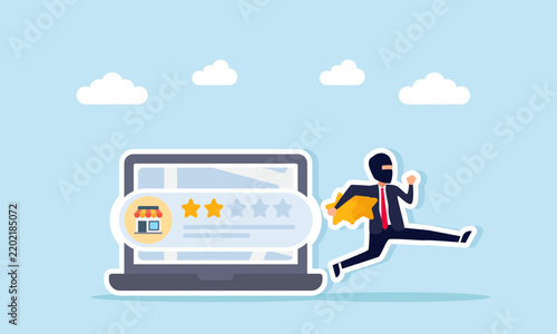 Thief Stealing Three Stars And Running Away From Laptop With Two Star Rating Shop Sign Illustration Of Fraud Lowering Business Rating