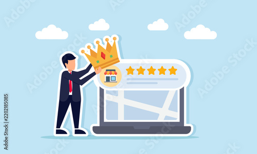 Businessman Giving Crown To Laptop With Five Star Rating Shop Sign Illustration Of Success In Achieving Quality Business Award