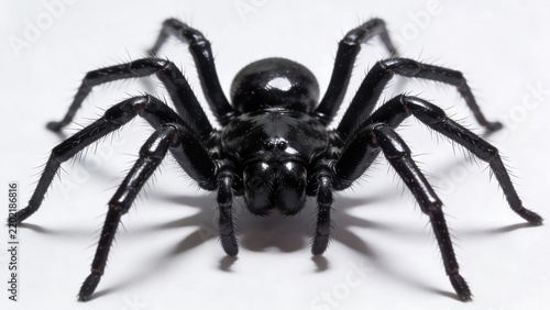 Glossy black funnel-web spider on white background, close-up macro view showing fangs and hairy legs
