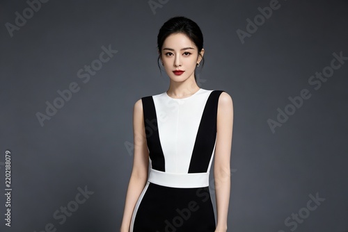 Fashion Woman Half-Body Portrait, Minimalist Neutral Background Studio