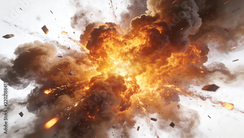 intense explosion with fireball and debris flying outward against white sky