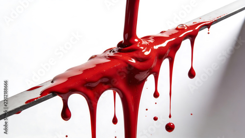 Red paint pouring over a metal blade against white background
