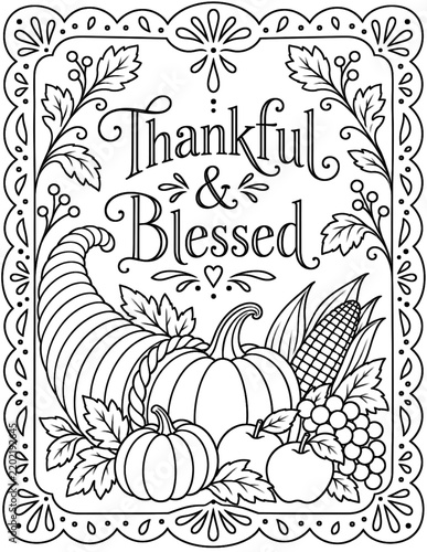 elegant harvest cornucopia line art for Thanksgiving Day, with Thankful and Blessed lettering surrounded by autumn harvest elements, pumpkins, folk-art motifs and a decorative border frame