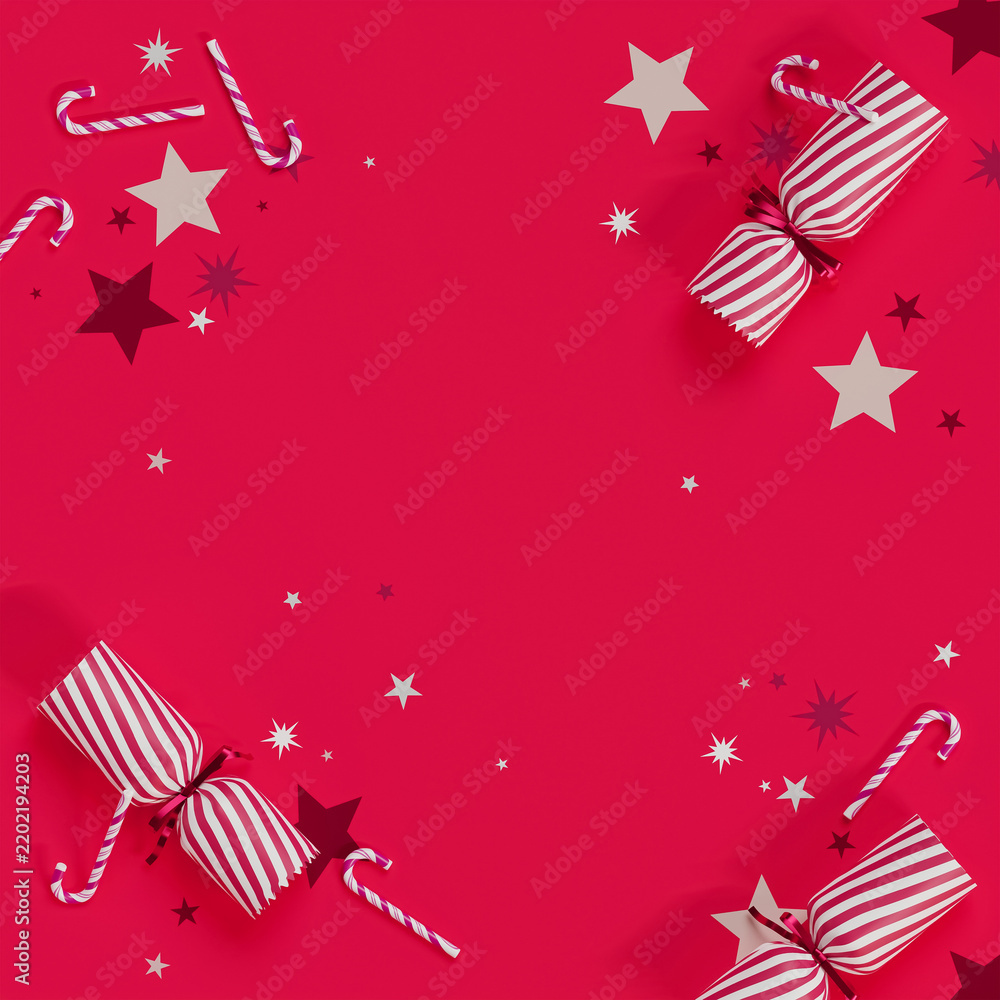 Fototapeta premium Christmas Background with Candy Canes, Wrapping Gifts, and Star Ornaments on Pink Red Background