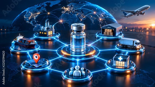 Medical vial surrounded by global transport vehicles and infrastructure modules illustrating integrated healthcare logistics and worldwide vaccine distribution network
