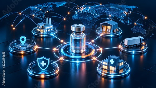 Central medical vial connected by glowing network nodes to a factory warehouse truck and hospital on a digital global map symbolizing pharmaceutical supply chain and modern healthcare logistics