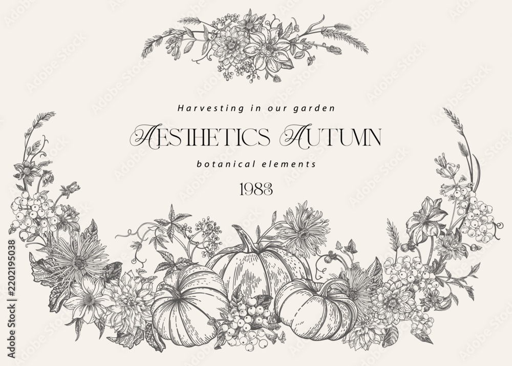 Obraz premium Vintage autumn frame with three pumpkins and garden flowers. Engraving style. Black and white. Ideal for greeting cards, invitations, and seasonal branding.