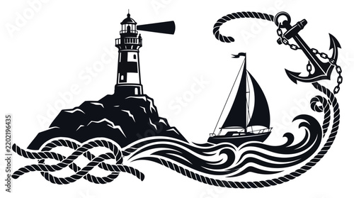 Black and white vintage ship and anchor illustration