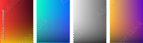 Futuristic halftone dot pattern background kit with cyan blue orange and monochrome gray color variations