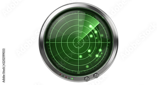 Military green radar screen with metallic steel frame and target coordinate scanning grid isolated on transparent background.