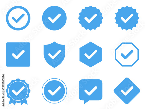 A collection of twelve blue checkmark icons in various geometric shapes on white background