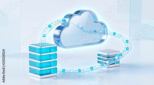 Abstract digital cloud computing concept with server towers and glowing data stream icons representing high speed information transfer and secure cloud storage infrastructure technology