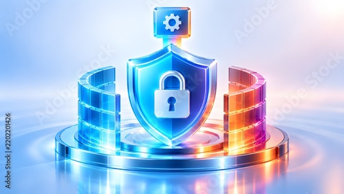 Glowing digital shield and padlock enclosed by a brick firewall barrier representing advanced network security configuration and enterprise data protection