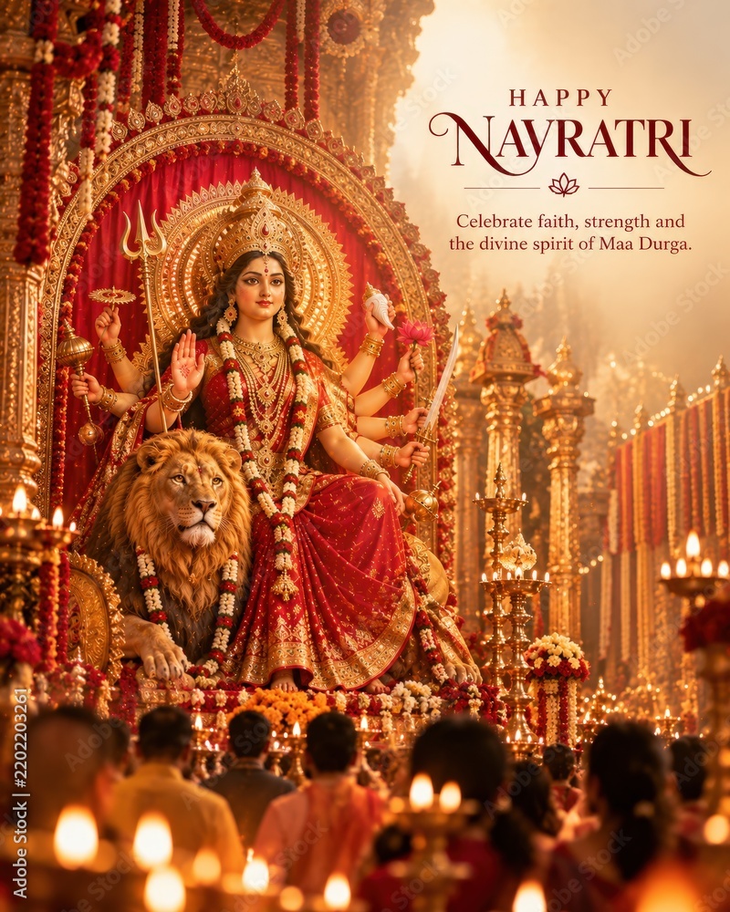 Fototapeta premium Happy Navratri Celebration with Goddess Durga and Lion