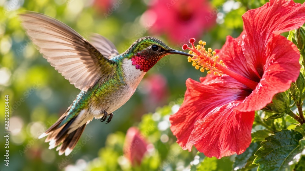 Fototapeta premium Hummingbird Feeding on Vibrant Red Hibiscus Flower