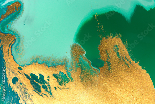 Abstract Original Hand Drawn Green Artwork Liquid Inks Illustration with Gold Glitter and Text Space.