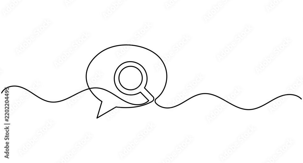 Obraz premium Speech bubble with magnifying glass continuous one line drawing minimalist communication chat message vector with editable stroke