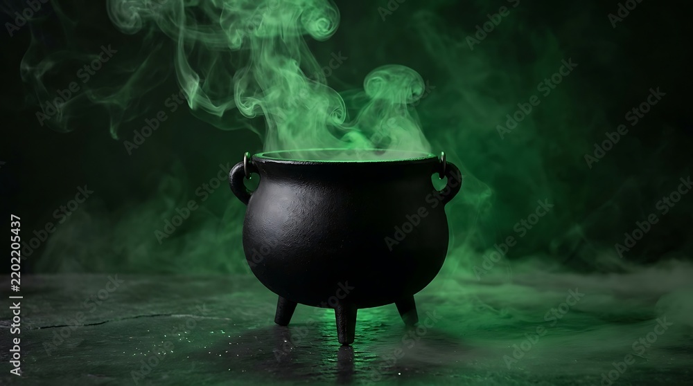 Obraz premium Black cauldron with green smoke rising from it creating a magical mystical atmosphere for Halloween or fantasy settings.