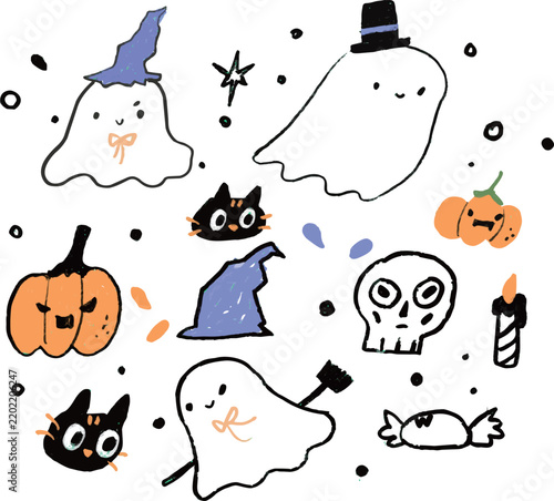 Illustrations of isolated elements for Hallween : pumpkin, cat, ghost, candy, candle, witch hat, Halloween Skull