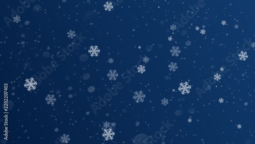 Snowfall Christmas background. Subtle flying snow flakes and stars on dark blue night background. Beauteous winter silver snowflake overlay template. Simple background for christmas.
