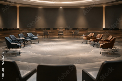 A circular hall with empty chairs arranged in opposing groups, muted colors.