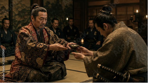 Japanese lord offering a bowl to a seated retainer