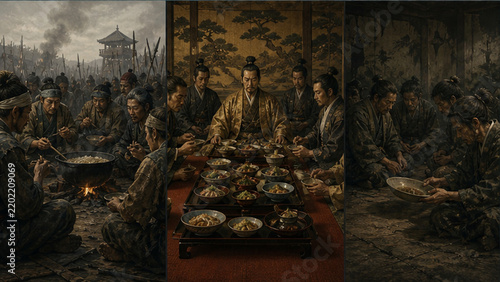 Contrasting scenes of a military encampment and a formal Japanese banquet