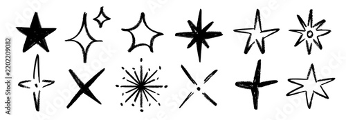 Hand drawn star shape set. Black brush stroke sparkle sketch collection. Vector abstract magic shine pack. Kid crayon twinkle asterisk doodle bundle for sticker, collage, poster, sticker, label