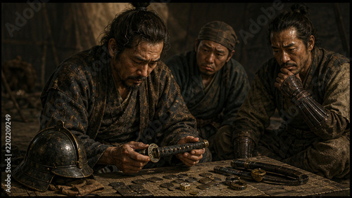 Japanese men examining a sword and coins beside a game table