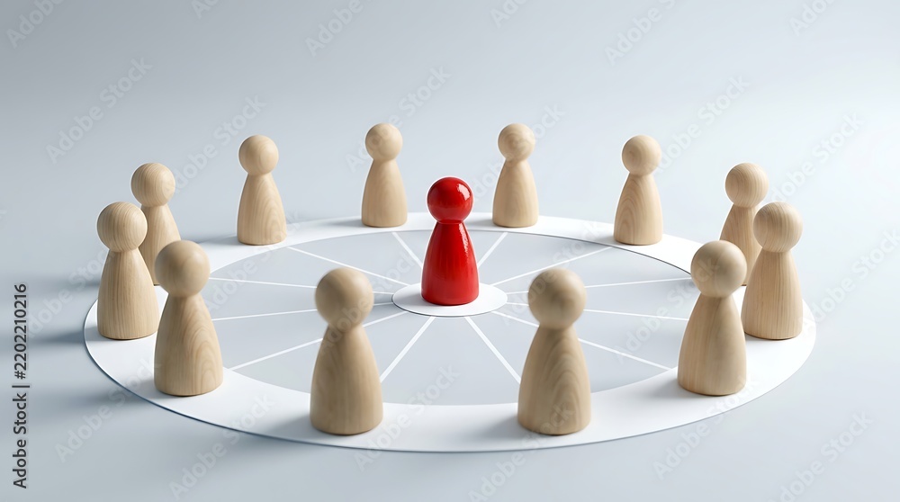 Obraz premium Red pawn figure stands out from wooden pawns arranged in circle on gray diagram for leadership or distinctiveness concept.